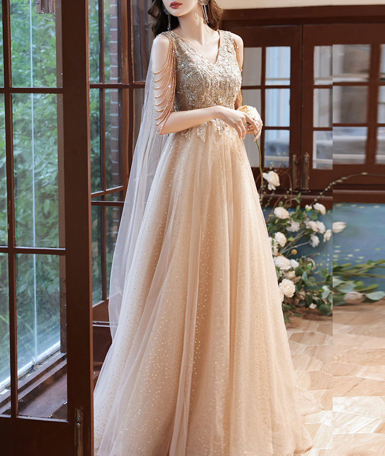Luxury Champagne Evening Dress With Shawl Elegant V-neck A-line Tassel Sleeves Beading Lace Up Long Prom Celebrity Gowns Formal
Luxury Champagne Evening Dress With Shawl Elegant V-neck A-line Tassel Sleeves Beading Lace Up Long Prom Celebrity Gowns Formal