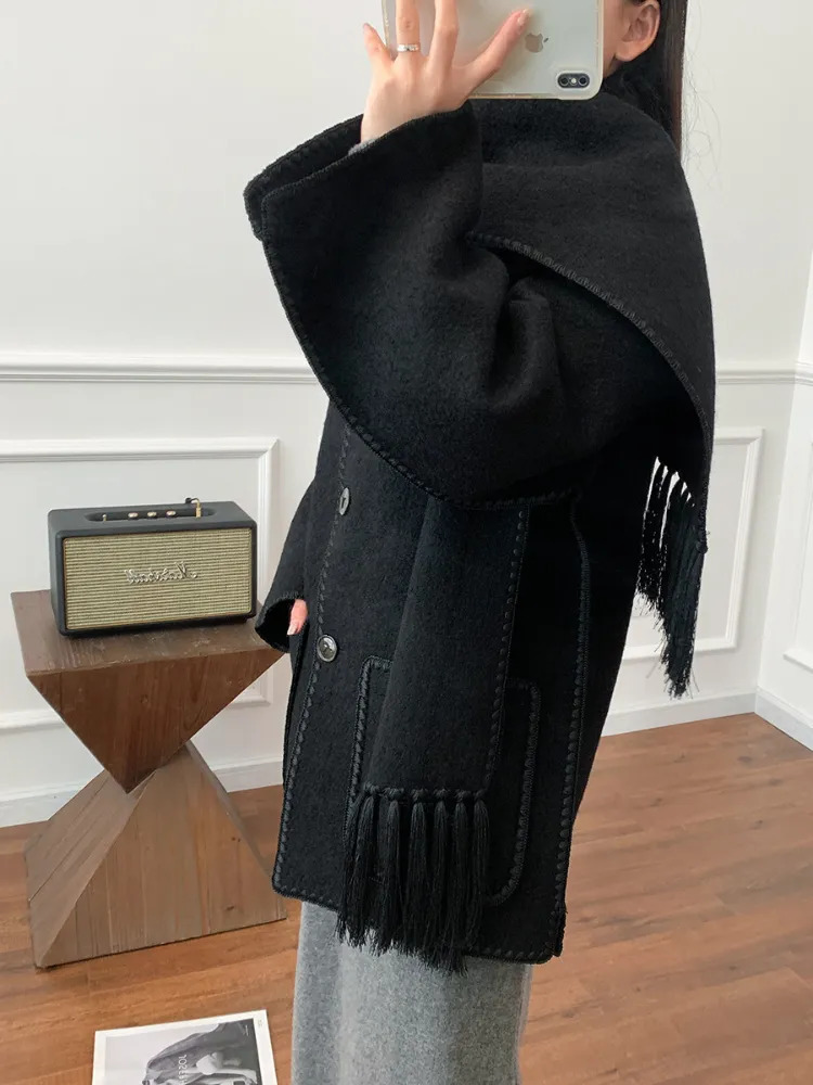 Women's Wool Blends OFTUBY Winter Women Jacket Double-sided Wool Blends Cashmere Real Fur Coat Knitted Tassel Scarf Collar Warm Loose Outerwear 2