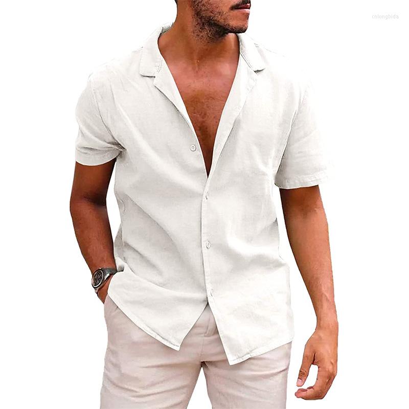 CNLONGBIDA Men's Casual Shirts Summer Beach Wear Men's Solid Color Blouse Cotton Linen Short Sleeve Shirt Loose Cardigan Tops Comfy Breathab