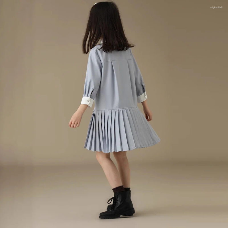 Girl Dresses Girls Mommy And Me Plain Dress School Style Lapel Long Sleeve Single-breasted Straight Pleated Skirt Casual A Line