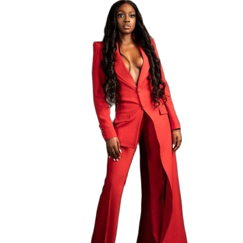 Red Women Suits Set 2 Pieces Super Long Blazer Wide Leg Pants Custom Made Fashion Office Lady Floor Length Party Prom Dress
