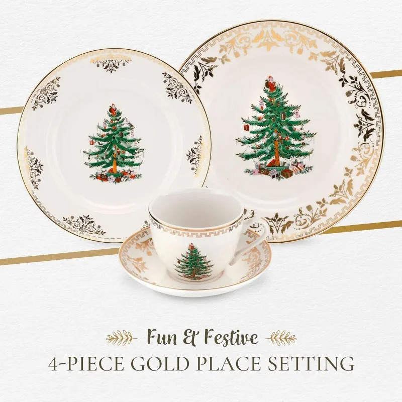 Dishes Plates Spode Christmas Tree Gold 4Piece Setting | Made of Fine Earthenware Collection Service for 1 Dinner Plate Salad 231113