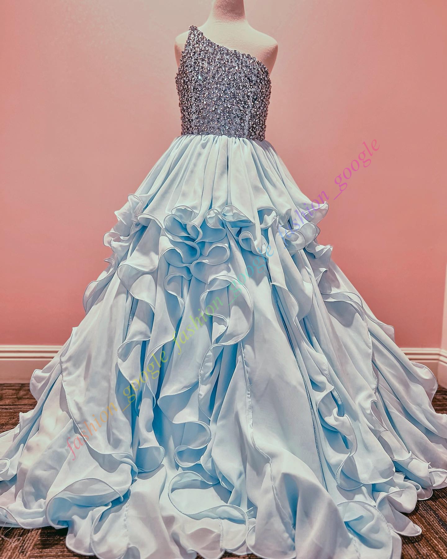 Blush-Pink Little Girl Pageant Dress One-Shoulder Beaded Ruffles Royal Baby Kid Fun Fashion Runway Drama Birthday Formal Cocktail Party Gown Toddler T