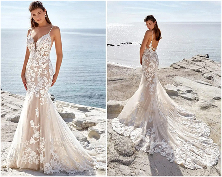 Elegant Beach Mermaid Dresses Boho Illusion Covered Buttons Back Lace Applique Chapel Train Plus Size Sexy Backless Wedding Gown Vestido De Novia 403