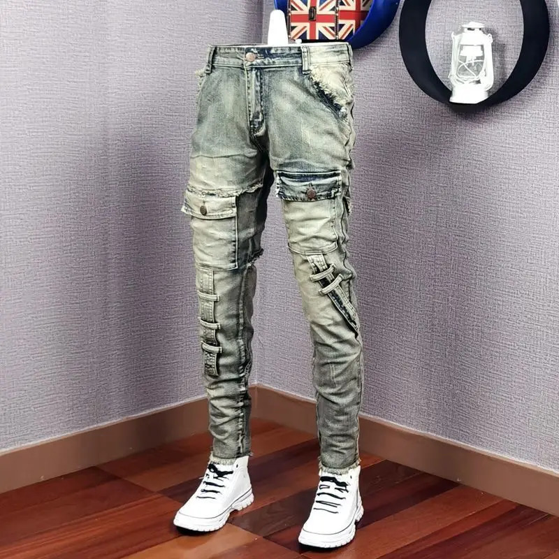 Men s Jeans Autumn Winter Broken Denim Jean Patch Slim Feet Fashion Retro Cargo Pants Vintage Pantalon Skinny Homme 231114