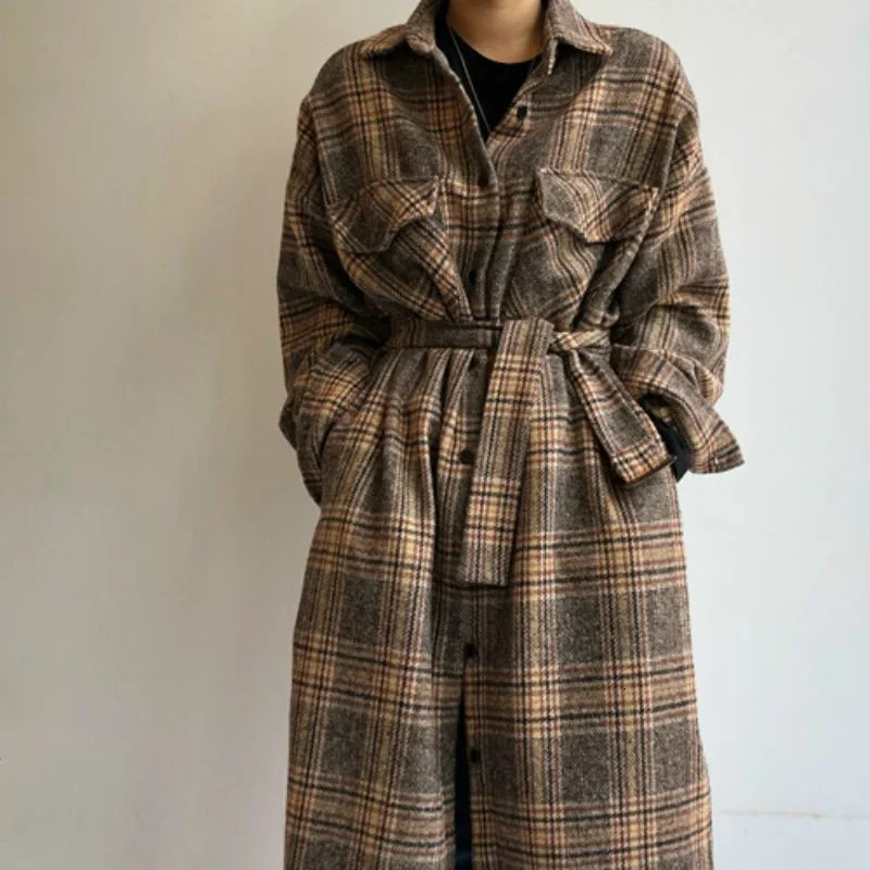 Women's Wool Blends Women's Winter Long Coat Elegant Checked Jacket Oversized Wool Checked Coat Long Sleeve Jacket Retro Autumn Jacket Camel