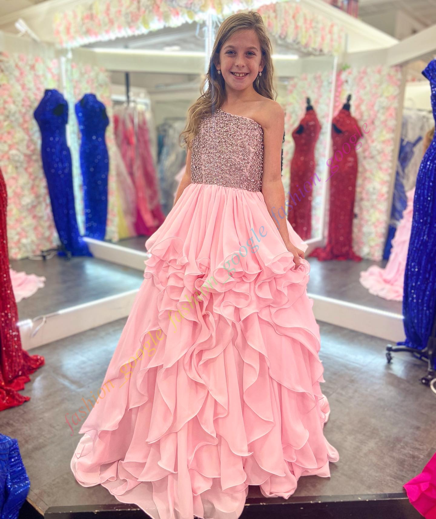 Blush-Pink Little Girl Pageant Dress One-Shoulder Beaded Ruffles Royal Baby Kid Fun Fashion Runway Drama Birthday Formal Cocktail Party Gown Toddler T