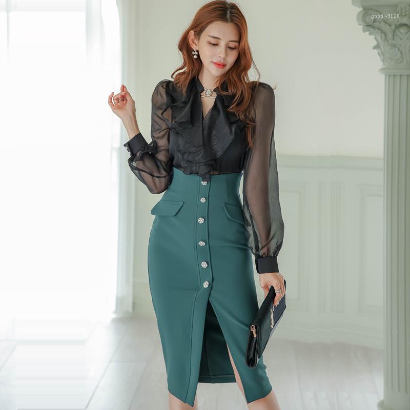 Work Dresses Sping Women' Suits Elegant Long-sleeve Shirt Fashion Buttons Skirt Two Piece Sets, Blue 
Work Dresses Sping Women' Suits Elegant Long-sleeve Shirt Fashion Buttons Skirt Two Piece Sets, Blue