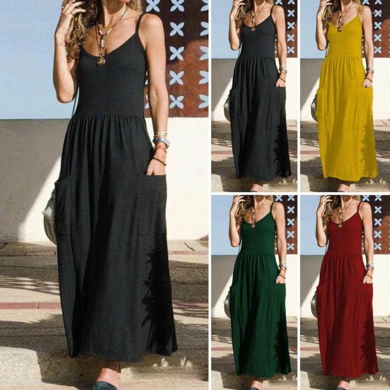 

Casual Dresses Summer Dress U-Neck Sleeveless Pockets Sling Women Pleated Loose Hem Solid Maxi Pullover Daily Clothing, Atrovirens