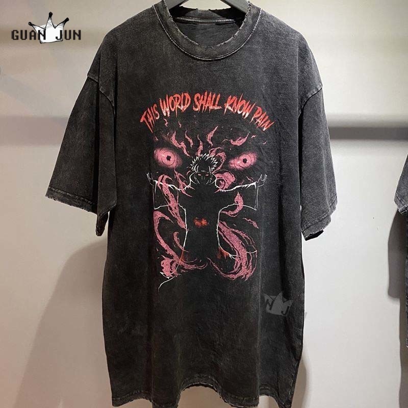 Men's T-Shirts Anime Printed T Shirt Men Retro Washed 100% Cotton Tops Tees Harajuku Tshirt Uchiha Sakura Streetwear Hip Hop Male T-shirts 230414