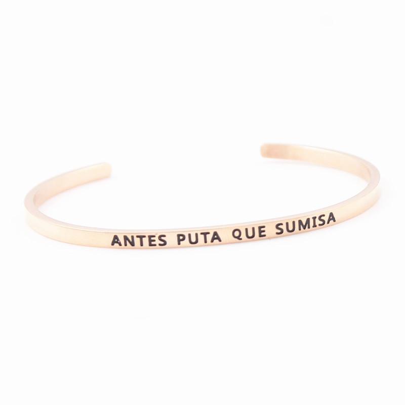 Bangle "ANTES PUTA QUE SUMISA" Stainless Steel Engraved Positive Inspirational Quote Stamped Cuff Spanish Mantra Bracelet
Bangle "ANTES PUTA QUE SUMISA" Stainless Steel Engraved Positive Inspirational Quote Stamped Cuff Spanish Mantra Bracelet