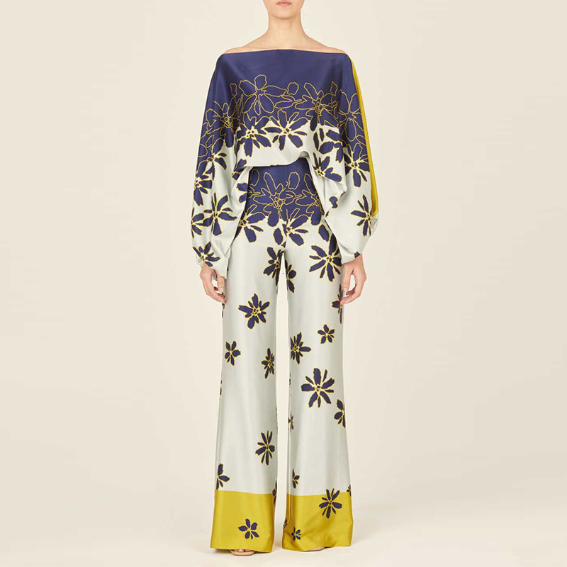 Women's Two Piece Pants Casual Satin Commuting Suit Fashion Hollow Off Shoulder Tops With Long Women 2 Sets Spring Loose Print Outfits 230414