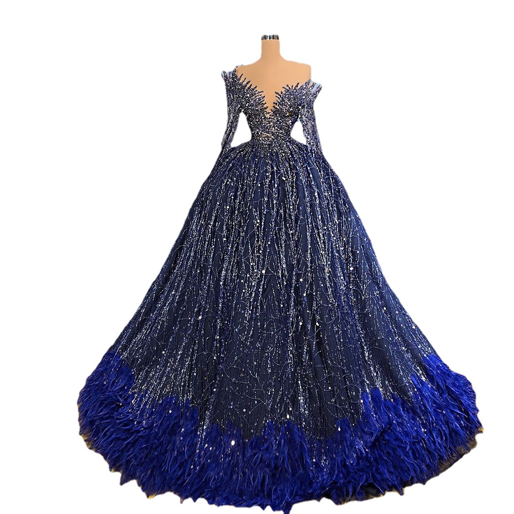 Princess Ball Gown Navy Blue Evening Dresses Glitter Sequin Beads Long Sleeve Formal Party Gowns with Feathers
Princess Ball Gown Navy Blue Evening Dresses Glitter Sequin Beads Long Sleeve Formal Party Gowns with Feathers