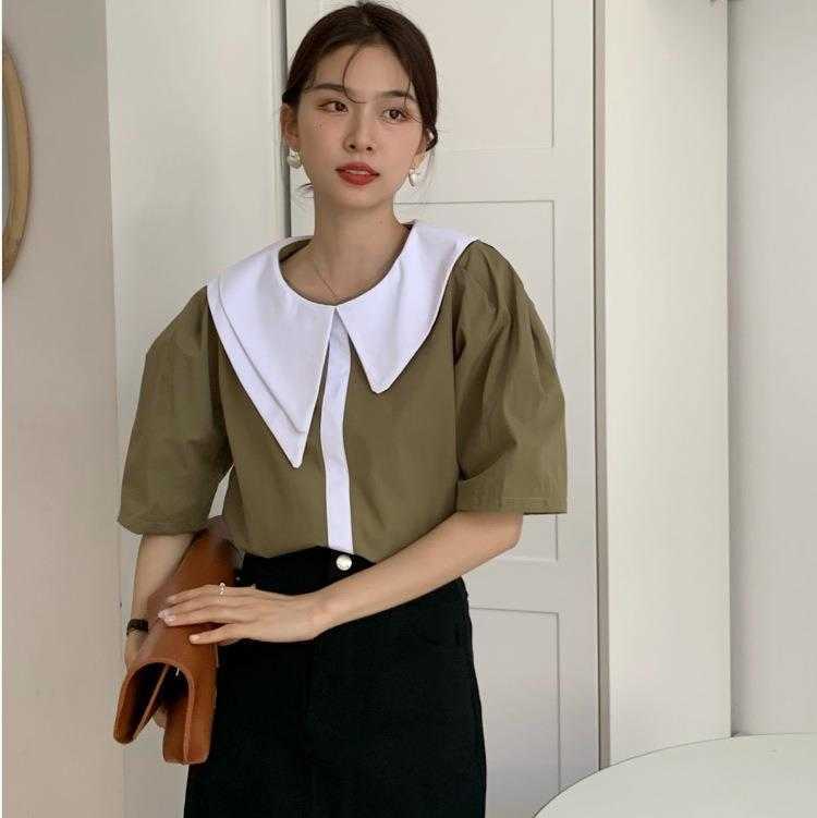 Chic French Style Temperament Womens Blouses Contrast Color Large Lapel Loose, Green
Chic French Style Temperament Womens Blouses Contrast Color Large Lapel Loose, Green