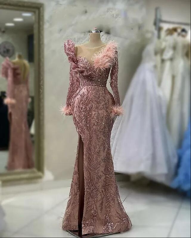 Rose Gold Long Sleeve Aso Ebi Prom Dresses Modern Gillter Beaded Feather Evening Occasion Gown robes de soirEes femmes