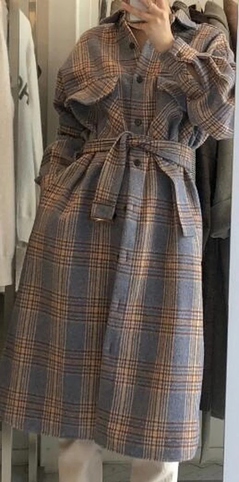 Women's Wool Blends Women's Winter Long Coat Elegant Checked Jacket Oversized Wool Checked Coat Long Sleeve Jacket Retro Autumn Jacket Camel