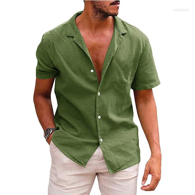 CNLONGBIDA Men's Casual Shirts Summer Beach Wear Men's Solid Color Blouse Cotton Linen Short Sleeve Shirt Loose Cardigan Tops Comfy Breathab