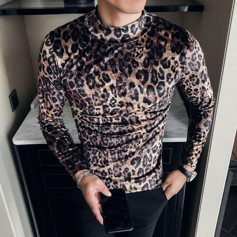 Men's T-Shirts Youth nightclub printed bottom shirt men's slim social guy half high collar T-shirt hairdresser leopard print middle collar t
