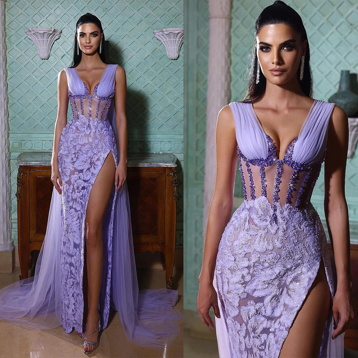Fancy Lilac Prom Dresses Deep V Neck Pleats Lace Appliques Party Dresses Side Split Sleeveless Custom Made Evening Dress, Dark green
Fancy Lilac Prom Dresses Deep V Neck Pleats Lace Appliques Party Dresses Side Split Sleeveless Custom Made Evening Dress, Dark green