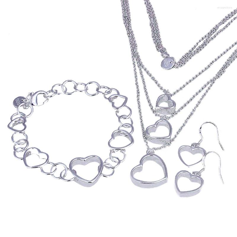 Pendant Necklaces Women Hollow Heart Bracelet Necklace Earrings Jewelry Set Gift For Girls