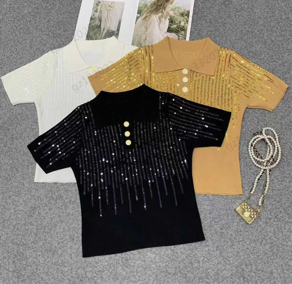 Women T-shirts Front Sequin Embroidery Custom Button Trim Lapel Tee Knitted Fabric Spring And Summer Thin Fashion Joker Knitted Tops Womens Clothes 1970
Women T-shirts Front Sequin Embroidery Custom Button Trim Lapel Tee Knitted Fabric Spring And Summer Thin Fashion Joker Knitted Tops Womens Clothes 1970