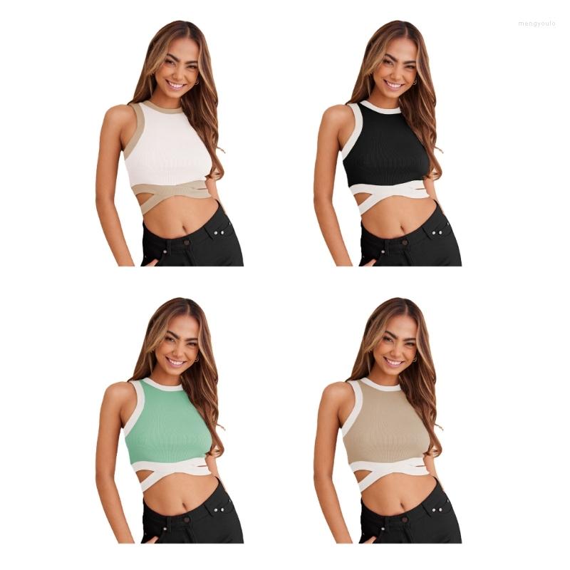 

Women's Tanks Womens Sexy Sleeveless Racerback Halter Neck Crop Top Colorblock Ribbed Knit Crisscross Tie Back Slim Vest Shirts A5KE, White