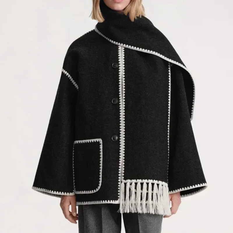 Women's Wool Blends Tassel Scarf Collar Faux Woolen Jacket Coats Woman Autumn Embroidery Single Breasted Pocket Coat Loose Casual Fashion Office 