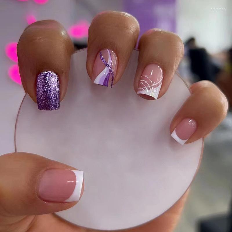 False Nails 24pcs White French Fake Press On Short Coffin Square Stripe With Purple Glitter Designs Full Cover Nail Tips, Style1
False Nails 24pcs White French Fake Press On Short Coffin Square Stripe With Purple Glitter Designs Full Cover Nail Tips, Style1