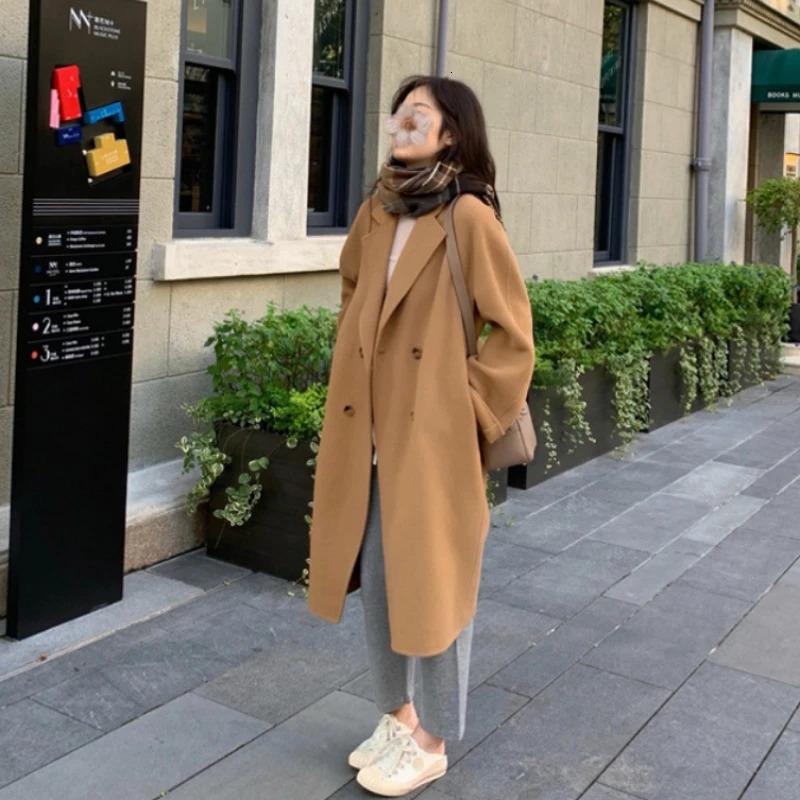 Women's Wool Blends Autumn Winter Double-sided Cashmere Overcoat Elegant Wool Blended Solid Colo Long Coat Fashion Simple Camel Oversized Coat 23