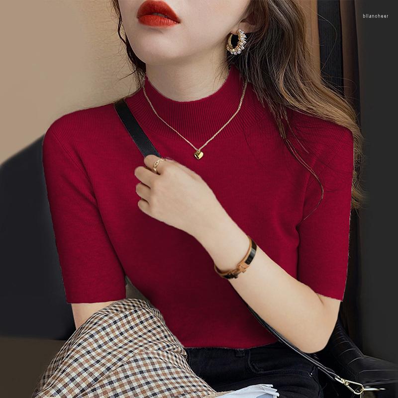 Women' Blouses Summer Tops Half Sleeve Knitted Shirt Women Solid Bottoming Knit Blouse Half-high Collar Slim Casual Shirts Blusas 24823, Burgundy
Women' Blouses Summer Tops Half Sleeve Knitted Shirt Women Solid Bottoming Knit Blouse Half-high Collar Slim Casual Shirts Blusas 24823, Burgundy