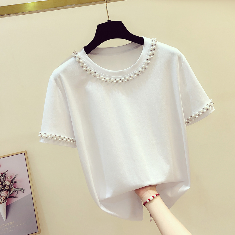 Women's T-Shirt Pearls beading O-neck cotton short sleeve t shirt women elegant white tee shirt femme Korean fashion tops summer tshirt 230414, White 1
Women's T-Shirt Pearls beading O-neck cotton short sleeve t shirt women elegant white tee shirt femme Korean fashion tops summer tshirt 230414, White 1