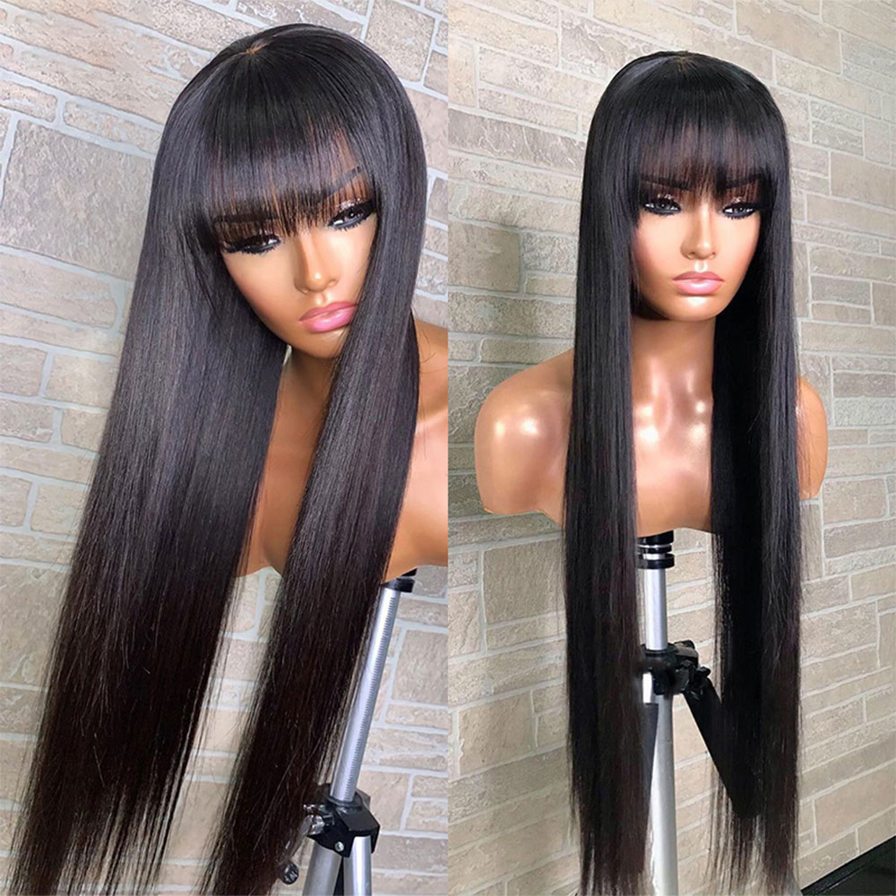 Pervian Human Hair Wigs Straight Hair With Bangs Fringe For Women Brazilian Bob Wig Glueless None Full Lace Wig Synthetic