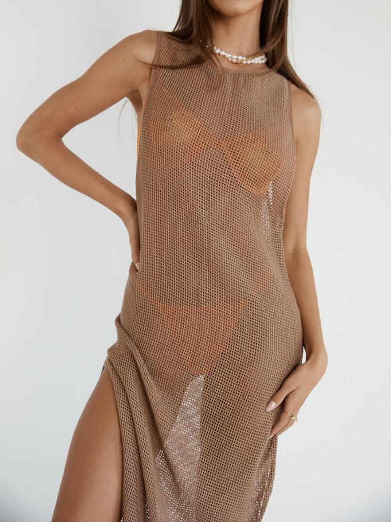 Casual Dresses Women Sleeveless Slit Dress Knitted Cutout See-through Beach Side Split Sundress Long Party Club Streetwear, Pink 
Casual Dresses Women Sleeveless Slit Dress Knitted Cutout See-through Beach Side Split Sundress Long Party Club Streetwear, Pink