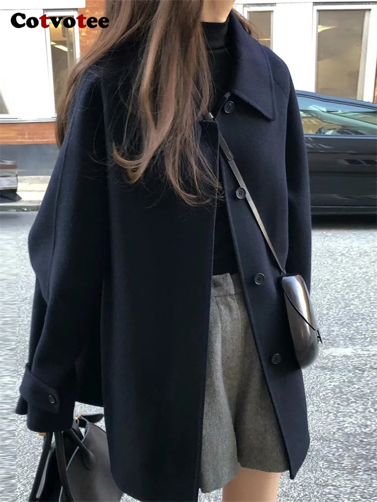 Womens Wool Blends Cotvotee Button Up Coat Women Autumn Winter Fashion Long Sleeve Loose Coats Vintage Turn Down Collar Solid Jackets 231114