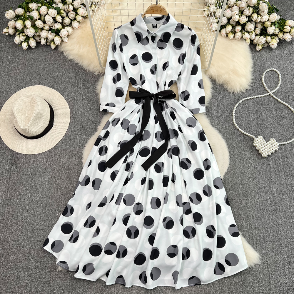 French Kikyo Long Dress Summer Fashion 3/4 Sleeve Polo Neck Wrapped Waist Show Thin Wave Dot Print A-line Shirt Dress, White
French Kikyo Long Dress Summer Fashion 3/4 Sleeve Polo Neck Wrapped Waist Show Thin Wave Dot Print A-line Shirt Dress, White