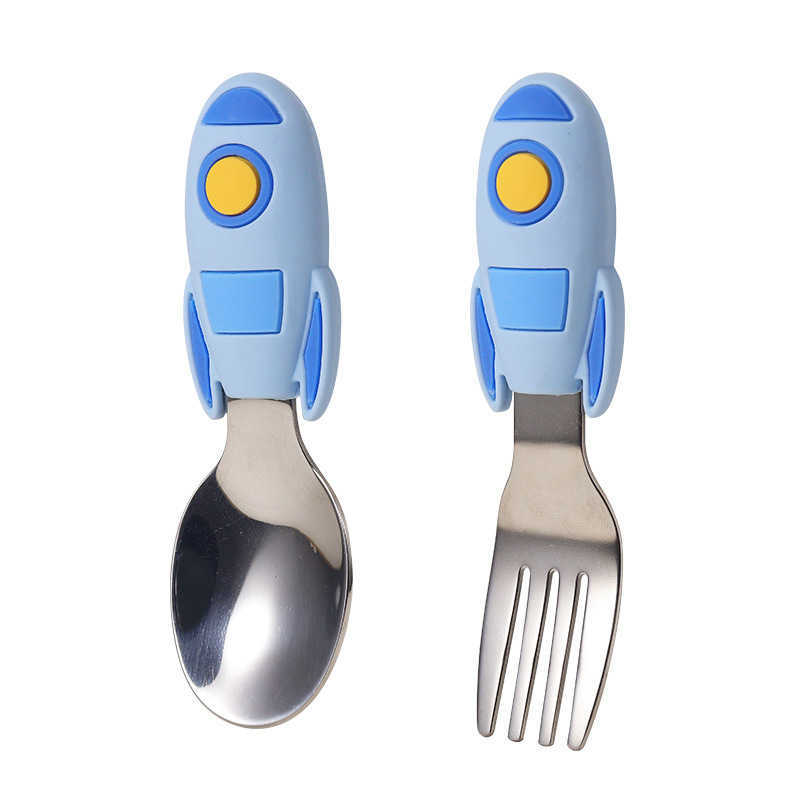 Cups Dishes Utensils 2pcs Tableware Cartoon Kids Spoon and Fork Set Stainless Steel Cute Baby Spoons Kids Fork Baby Gadgets Baby Spoon Set AA230413