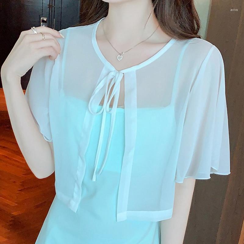 

Women' Blouses TingYiLi Summer Sheer Chiffon Cropped Cardigan Woman Tie-Neck Flutter-Sleeve Shrug Korean Casual Black White Shirts Cover Up, Blue