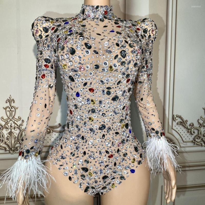 Stage Wear Sparkly Multi-coloured Rhinestones Long Sleeve Feathers Bodysuit Sexy Mesh Dance Costume Performance, Picture shown
Stage Wear Sparkly Multi-coloured Rhinestones Long Sleeve Feathers Bodysuit Sexy Mesh Dance Costume Performance, Picture shown