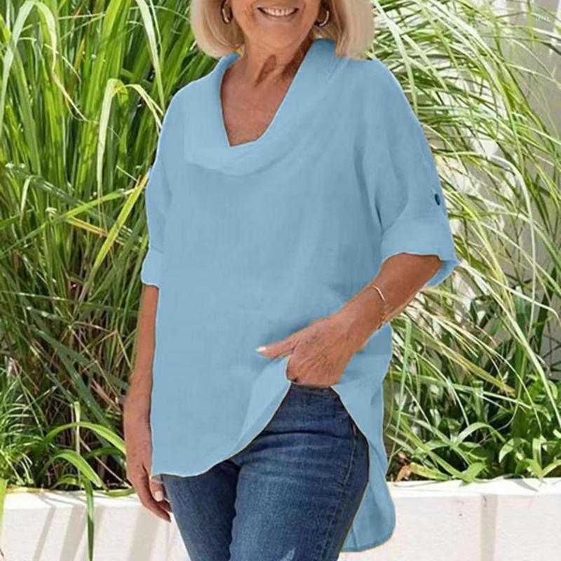 Women' Blouses Women Spring Shirt Piled Neck Lady Summer Loose Mid Length Irregular Hem Blouse Solid Color Long Sleeves Soft Top, Blue 
Women' Blouses Women Spring Shirt Piled Neck Lady Summer Loose Mid Length Irregular Hem Blouse Solid Color Long Sleeves Soft Top, Blue