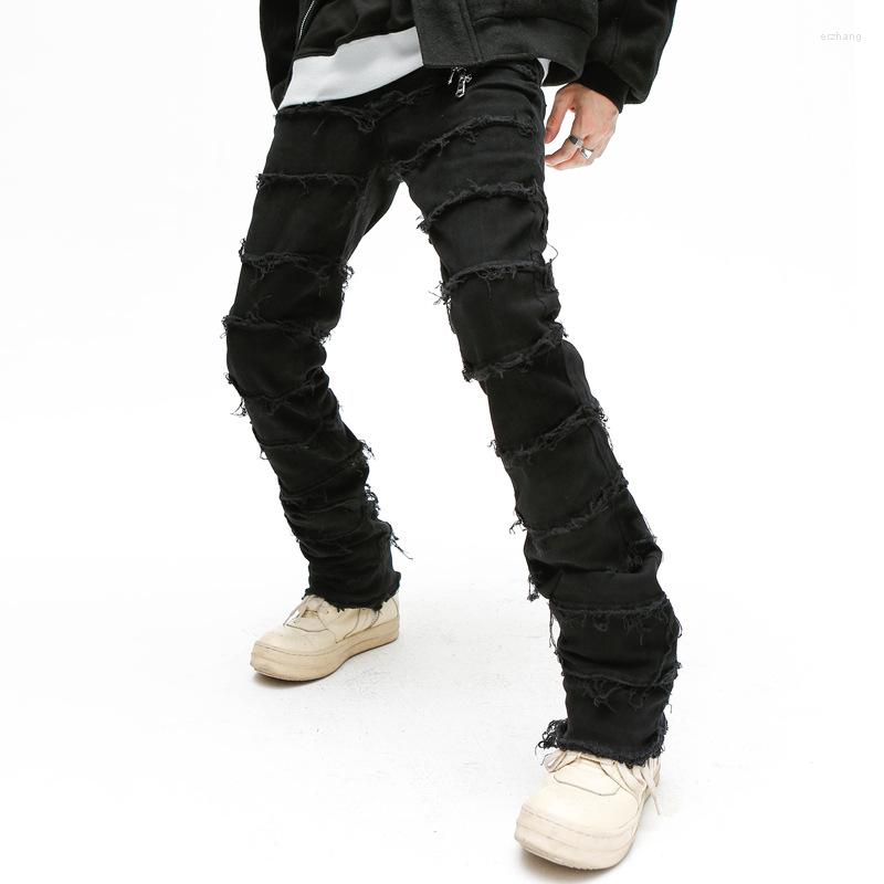 Men's Jeans Mens Retro Patchwork Flared Pants Grunge Wild Stacked Ripped Long Trousers Straight Y2k Baggy Washed Faded For Men B2