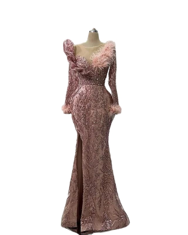 Rose Gold Long Sleeve Aso Ebi Prom Dresses Modern Gillter Beaded Feather Evening Occasion Gown robes de soirEes femmes