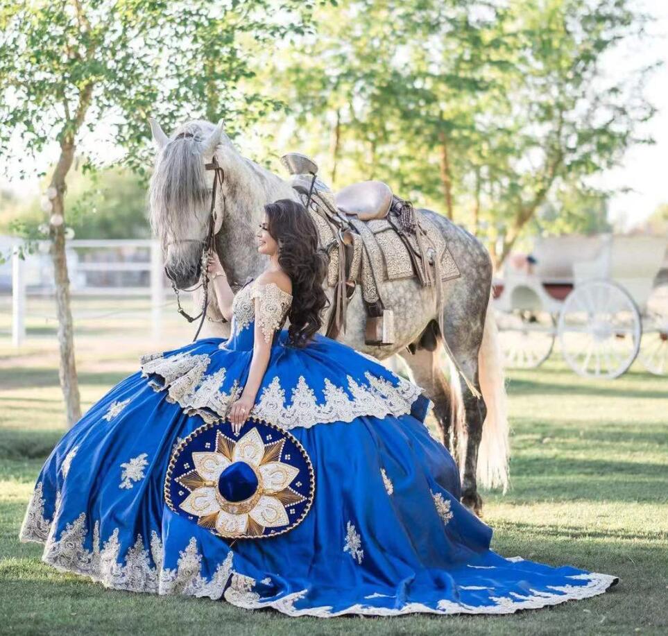 Mexican Royal Blue Quinceanera Dresses Off Shoulder Appliques Sweep Train lace-up corset prom Sweet 16 Girl Vestidos De 15 Anos