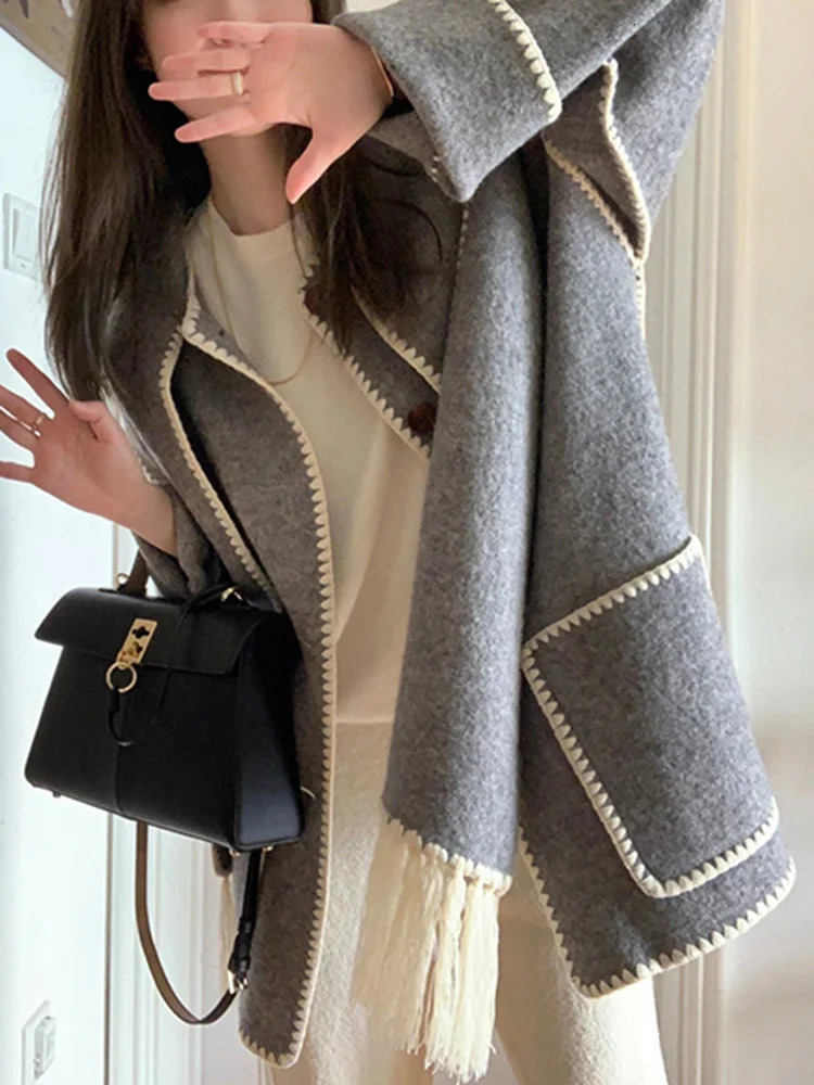 Women's Wool Blends Eshin Autumn Fashion Women's Coats Scarf Collar Loose Single Breasted Tassel Spliced Pockets Jackets Female TH1550 23111