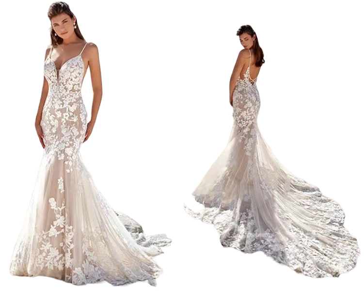 Elegant Beach Mermaid Dresses Boho Illusion Covered Buttons Back Lace Applique Chapel Train Plus Size Sexy Backless Wedding Gown Vestido De Novia 403