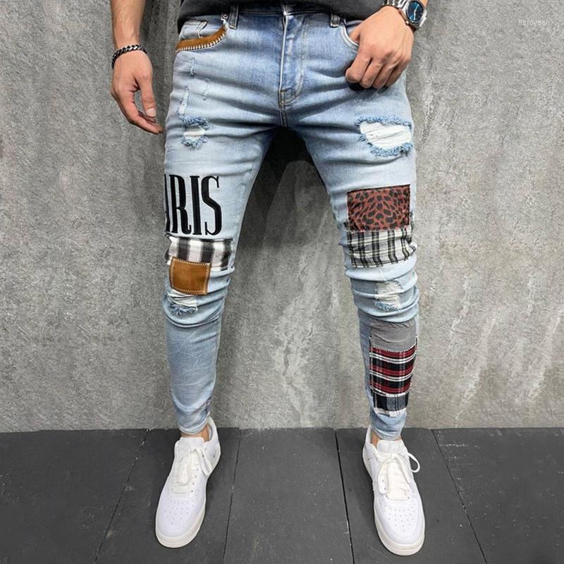 

Men's Jeans Men's Hi Street Ripped Pants With Patches Brand Designer Destroyed Denim Trousers Skinny Stretchy Cowboy Bottoms, Sky blue