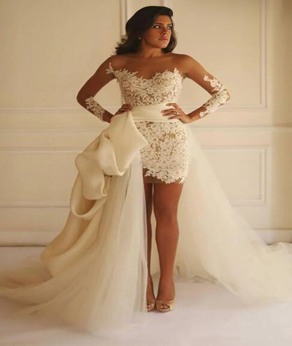 Maison Yeya Short Lace Dresses With Detachable Train Illusion Long Sleeve Sheer Neck Holiday Bridal Two Pieces Wedding Gown 0424 0219