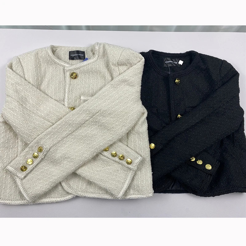Womens Wool Blends Short Tweed Jacket Women Elegant Loose ONeck Woolen Blend Coat Korean Fashion Cropped Outerwear Spring Fall Veste Femme 231114