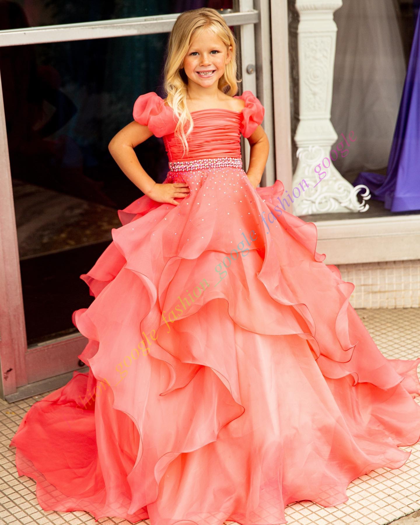 Long Ruffle Little Girl Pageant Dress Cap Sleeves Off-Shoulder Beads Coral Baby Kid Fun Fashion Runway Drama Birthday Formal Cocktail Party Gown Toddl