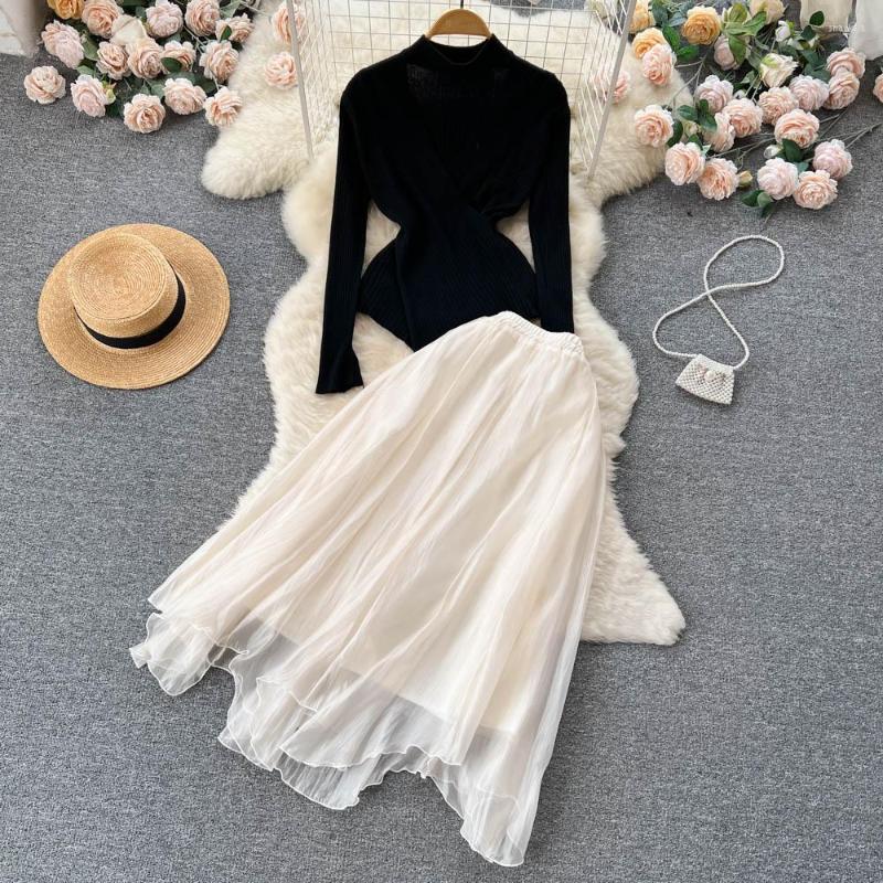 Work Dresses Spring Autumn Suits Women' Fashion Long Sleeve Irregular Knit Tops A-line Pleated Mesh Skirt Two-piece Sets J386, Black
Work Dresses Spring Autumn Suits Women' Fashion Long Sleeve Irregular Knit Tops A-line Pleated Mesh Skirt Two-piece Sets J386, Black
