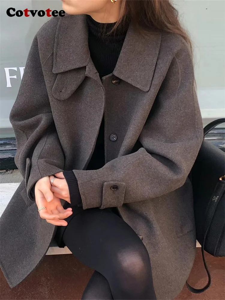 Womens Wool Blends Cotvotee Button Up Coat Women Autumn Winter Fashion Long Sleeve Loose Coats Vintage Turn Down Collar Solid Jackets 231114